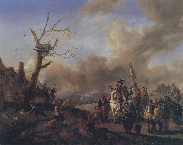 Philips Wouwerman Heranziehender Soldatentrob mit Marketenderinnen und Kindern, ein Bauerngehoft plundernd